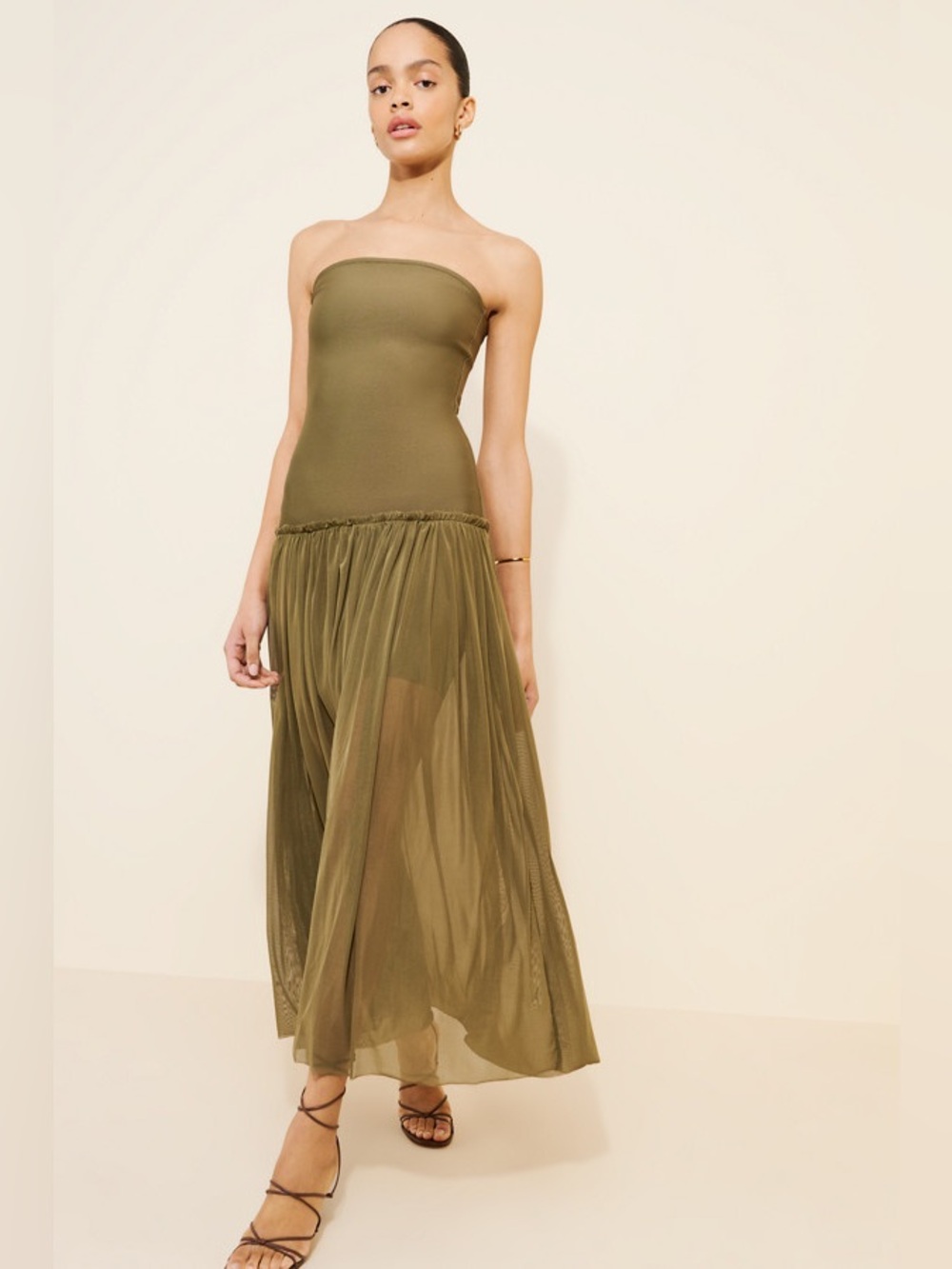 Rare London Drop Waist Bandage Maxi Dress Strapless Olive Green/Moss color